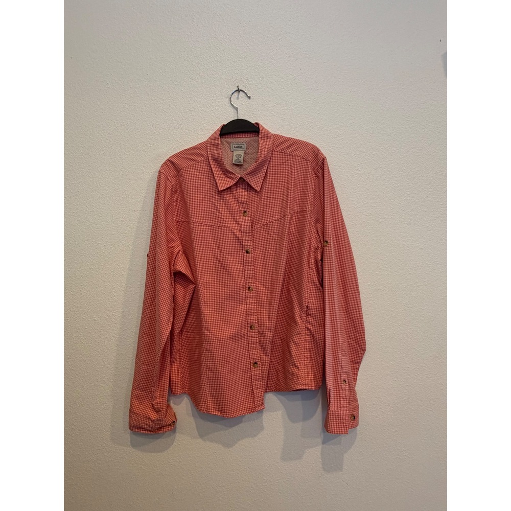 LL Bean Womens XL Gingham Hiking Shirt Red White Roll Tab Mesh Yoke OCAR4
